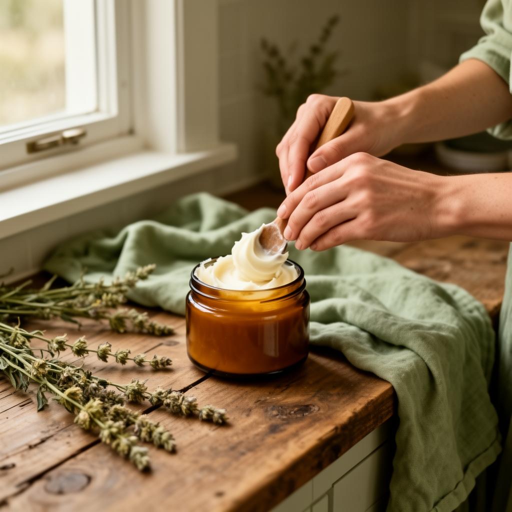 Hands whipping fresh tallow balm into an amber glass jar