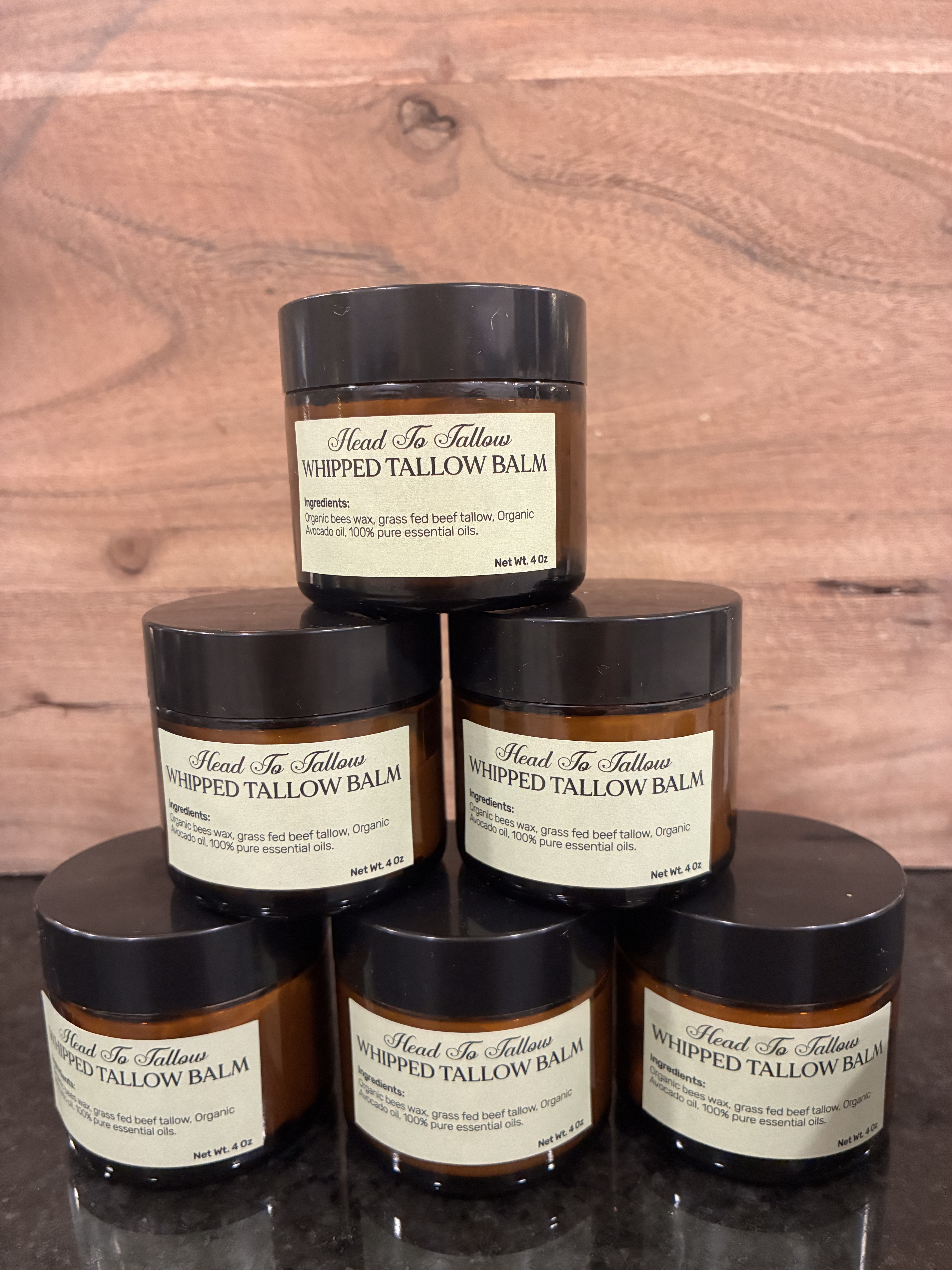 Stacked amber jars of Head to Tallow whipped tallow balm